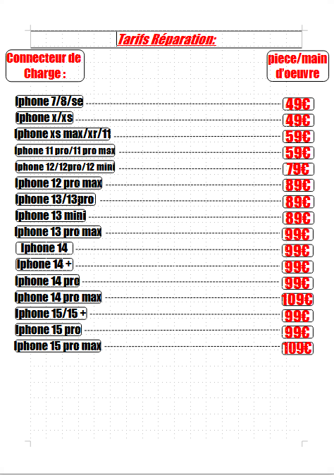 Tableau de tarifs de réparation